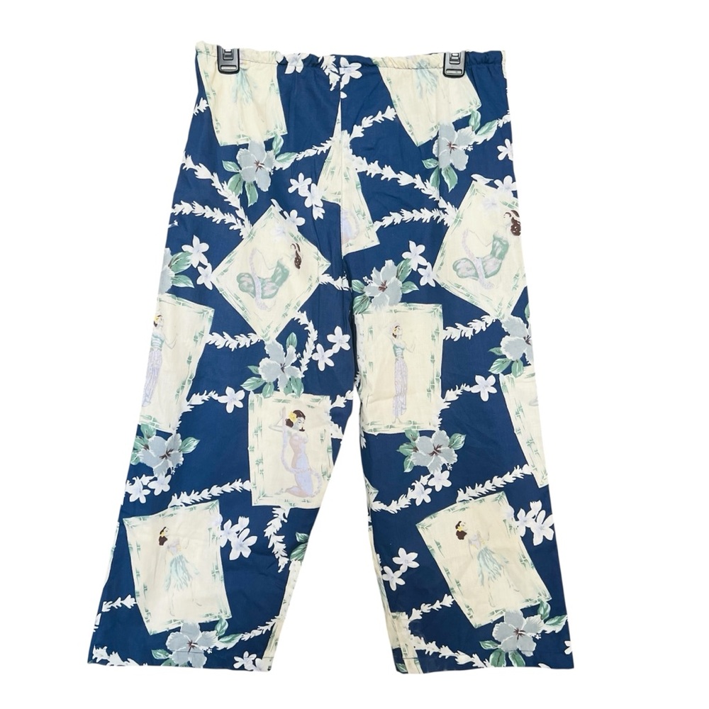 VTG Roundy Bay Hawaiian Capri Pants Blue Vacay Retro Boho Hipster Cruise - Picture 2 of 6